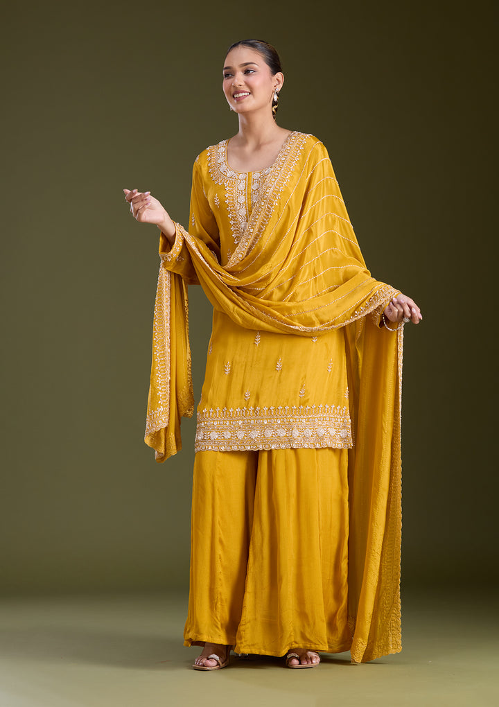 Mustard Yellow Sequins Soft Raw Silk Readymade Salwar Suit