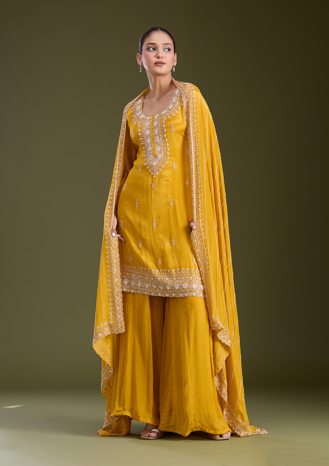 Mustard Yellow Sequins Soft Raw Silk Readymade Salwar Suit