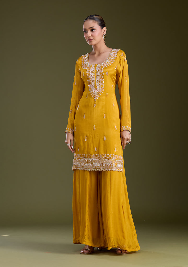 Mustard Yellow Sequins Soft Raw Silk Readymade Salwar Suit