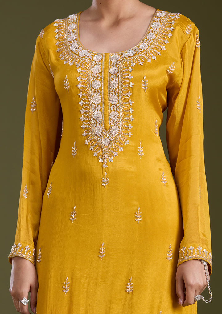 Mustard Yellow Sequins Soft Raw Silk Readymade Salwar Suit