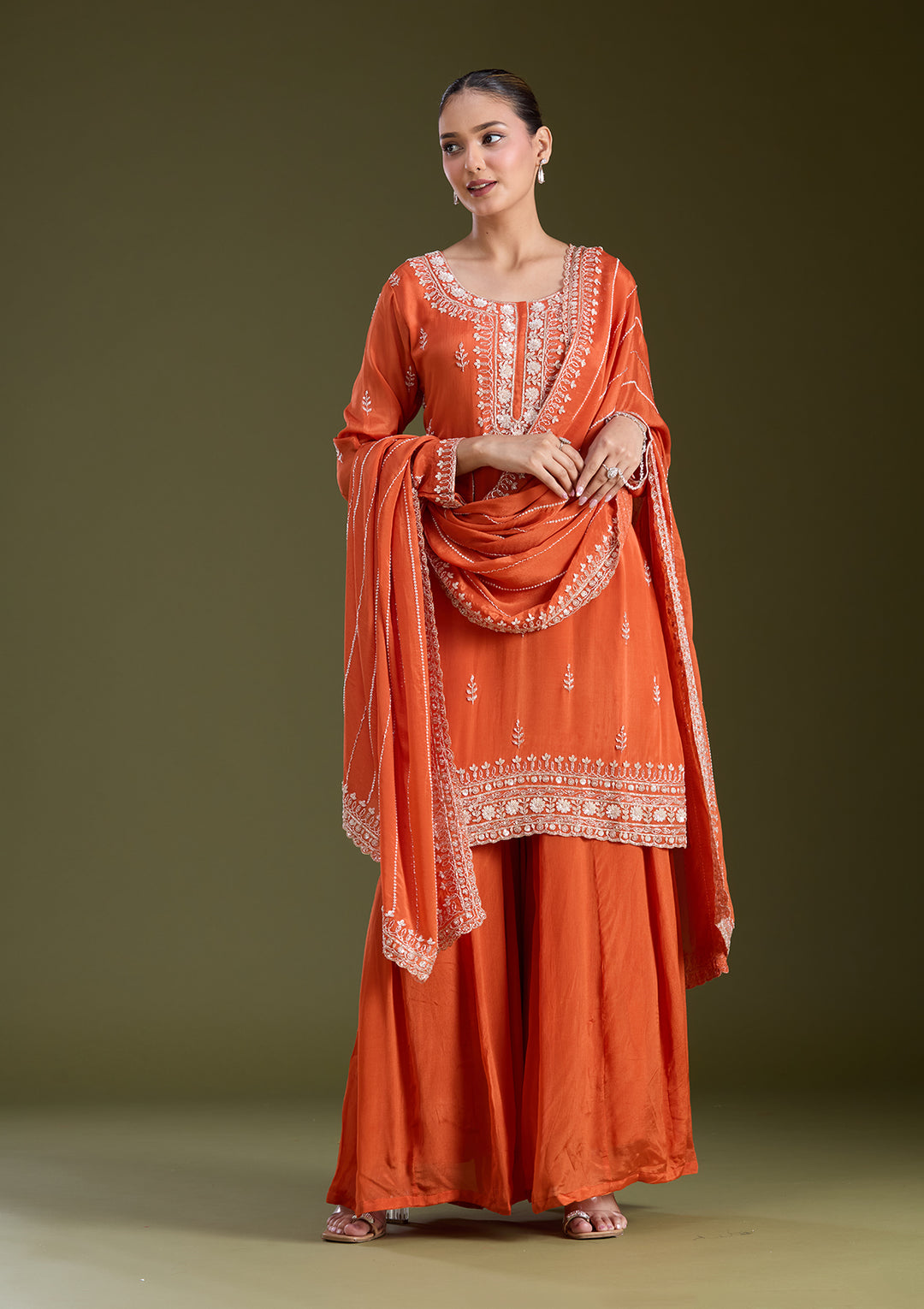 Orange Sequins Soft Raw Silk Readymade Salwar Suit