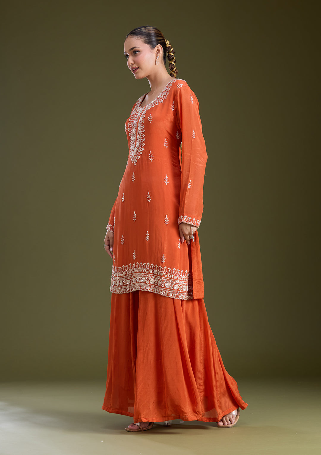 Orange Sequins Soft Raw Silk Readymade Salwar Suit