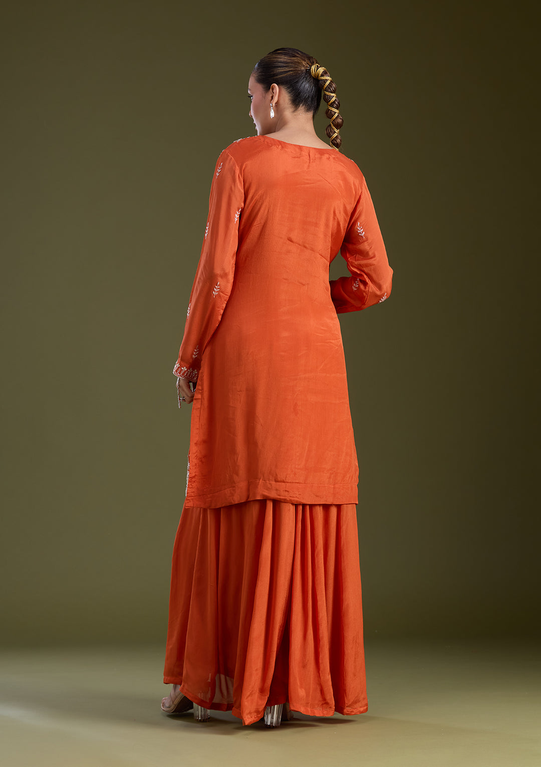 Orange Sequins Soft Raw Silk Readymade Salwar Suit