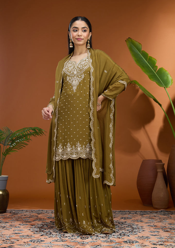 Mehandi Green Sequins Soft Raw Silk Readymade Salwar Suit