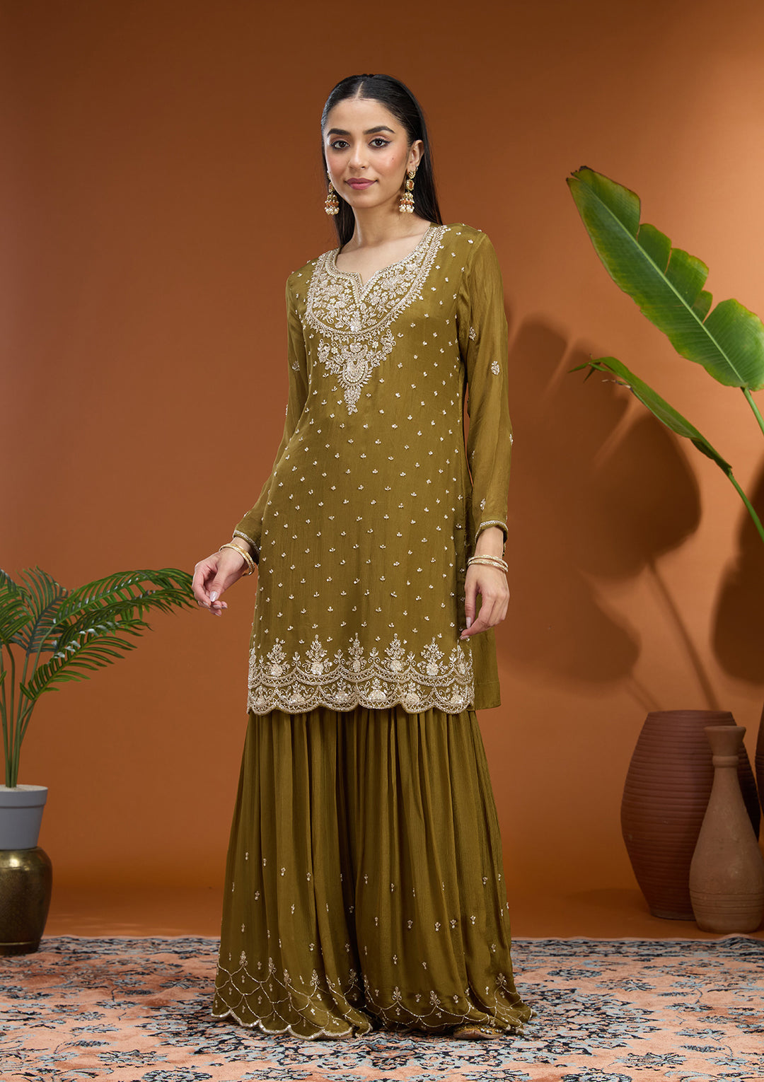Mehandi Green Sequins Soft Raw Silk Readymade Salwar Suit