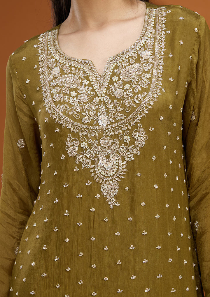 Mehandi Green Sequins Soft Raw Silk Readymade Salwar Suit