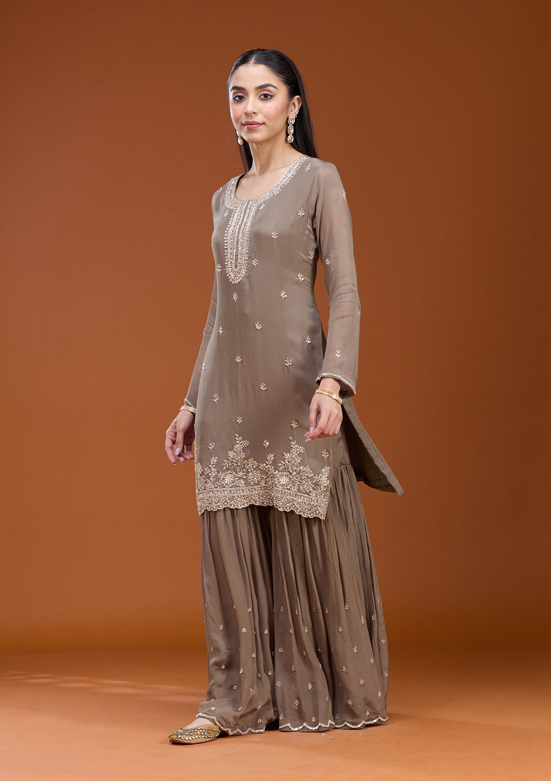 Dark Grey Sequins Soft Raw Silk Readymade Salwar Suit