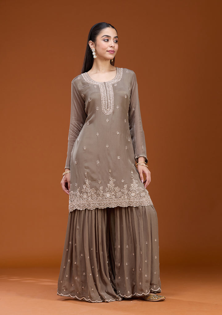 Dark Grey Sequins Soft Raw Silk Readymade Salwar Suit