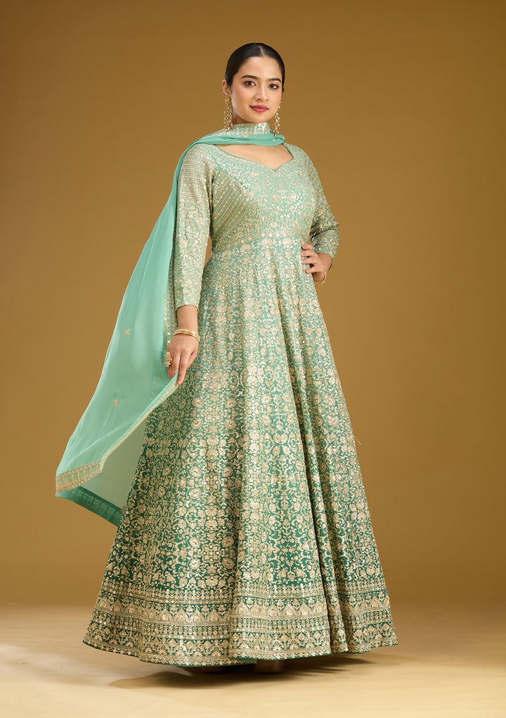 Sea Green Zariwork (Gold) Crepe Readymade Salwar Suit
