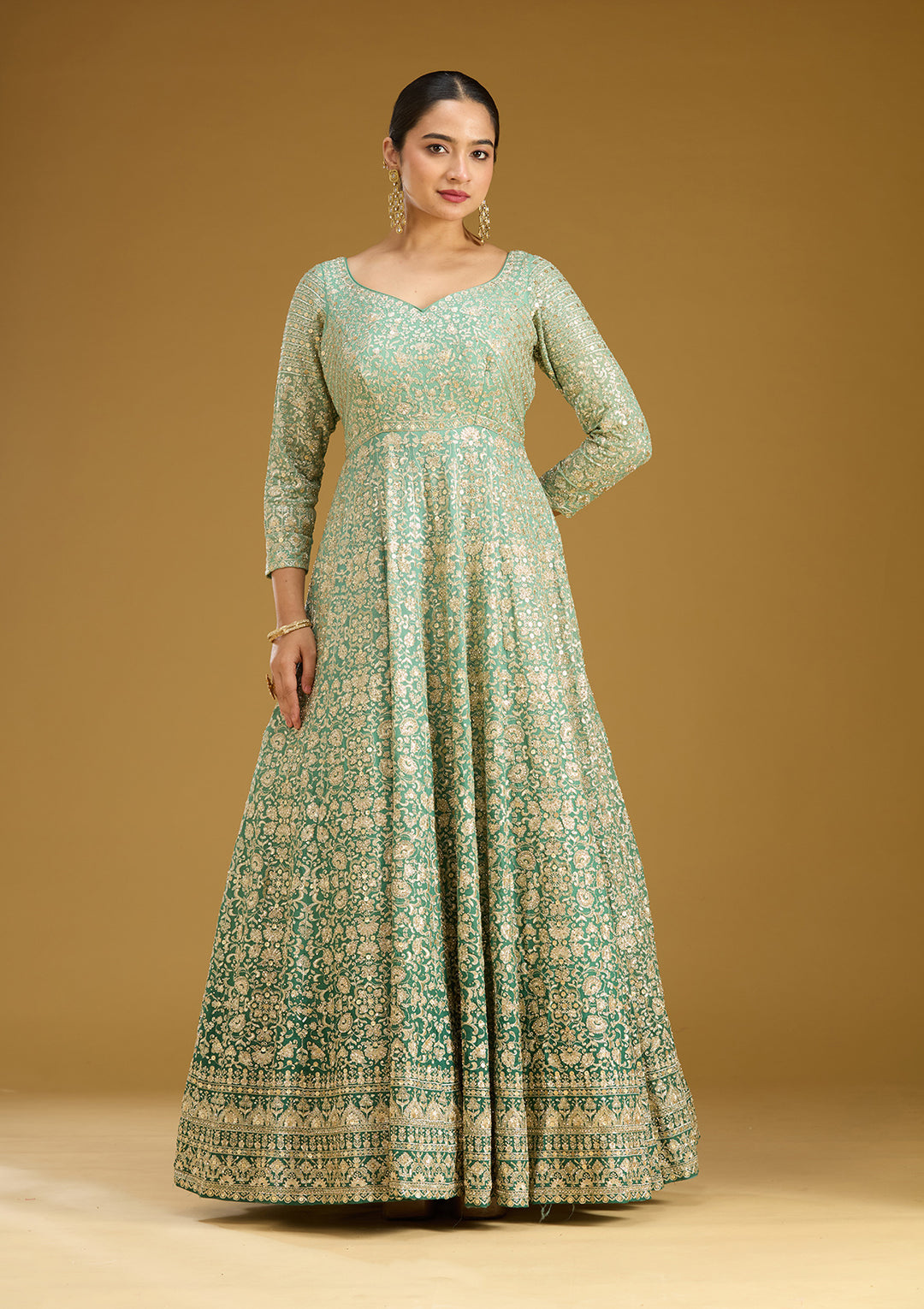 Sea Green Zariwork (Gold) Crepe Readymade Salwar Suit