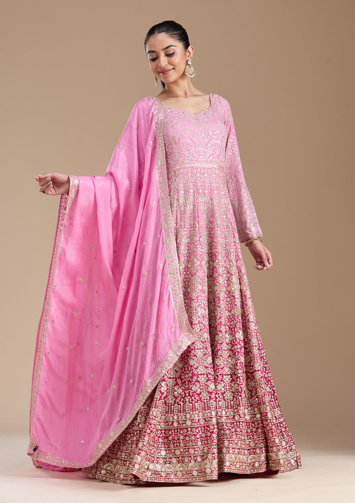 Pink Zariwork (Gold) Crepe Readymade Salwar Suit