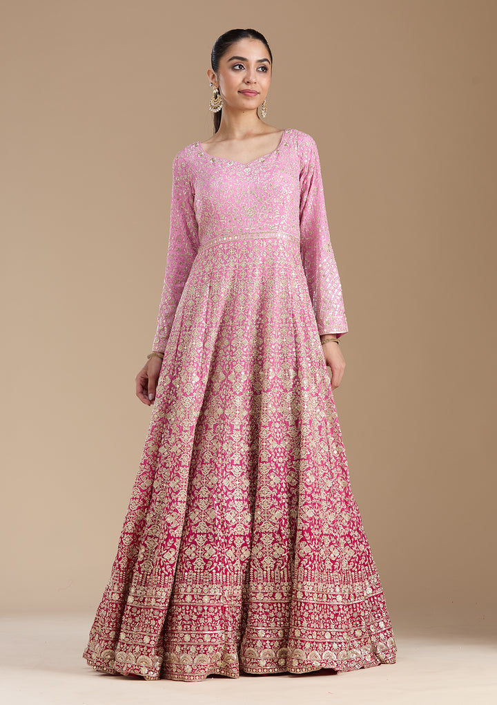 Pink Zariwork (Gold) Crepe Readymade Salwar Suit