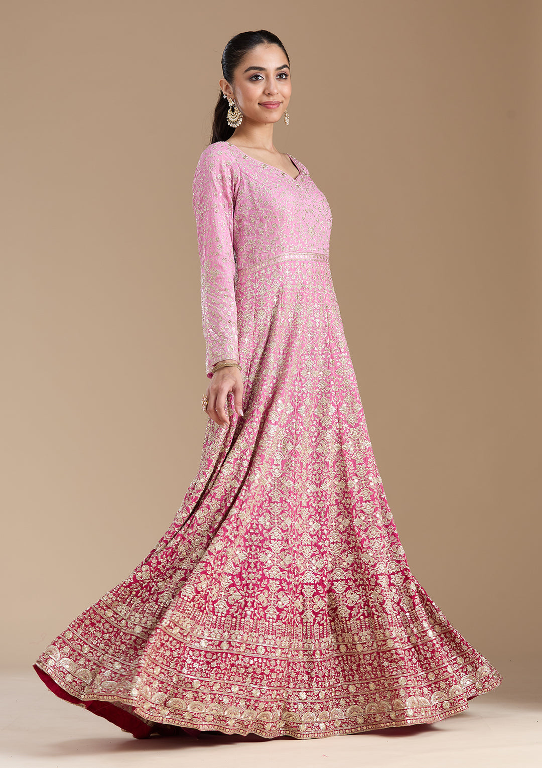Pink Zariwork (Gold) Crepe Readymade Salwar Suit