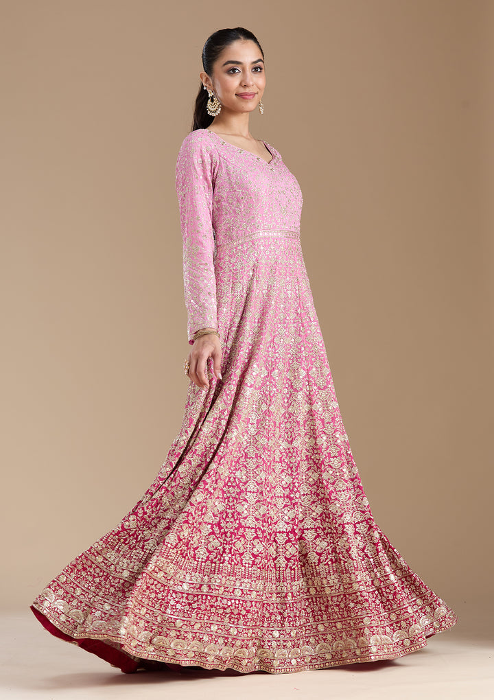 Pink Zariwork (Gold) Crepe Readymade Salwar Suit
