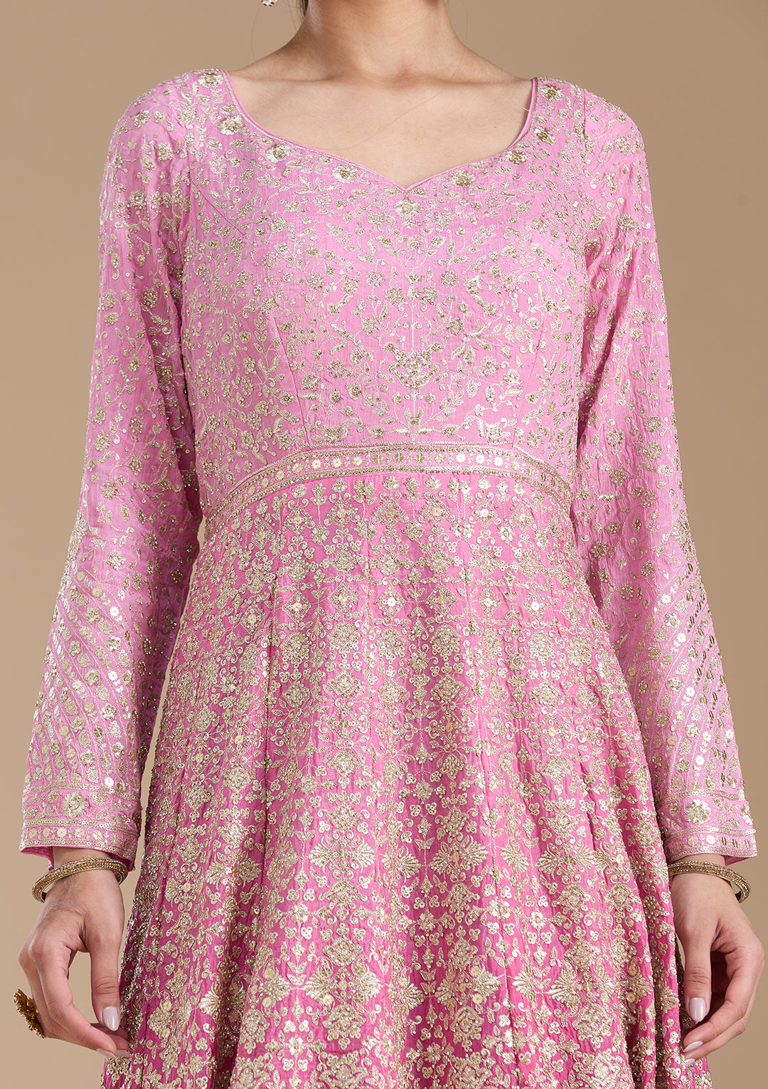 Pink Zariwork (Gold) Crepe Readymade Salwar Suit