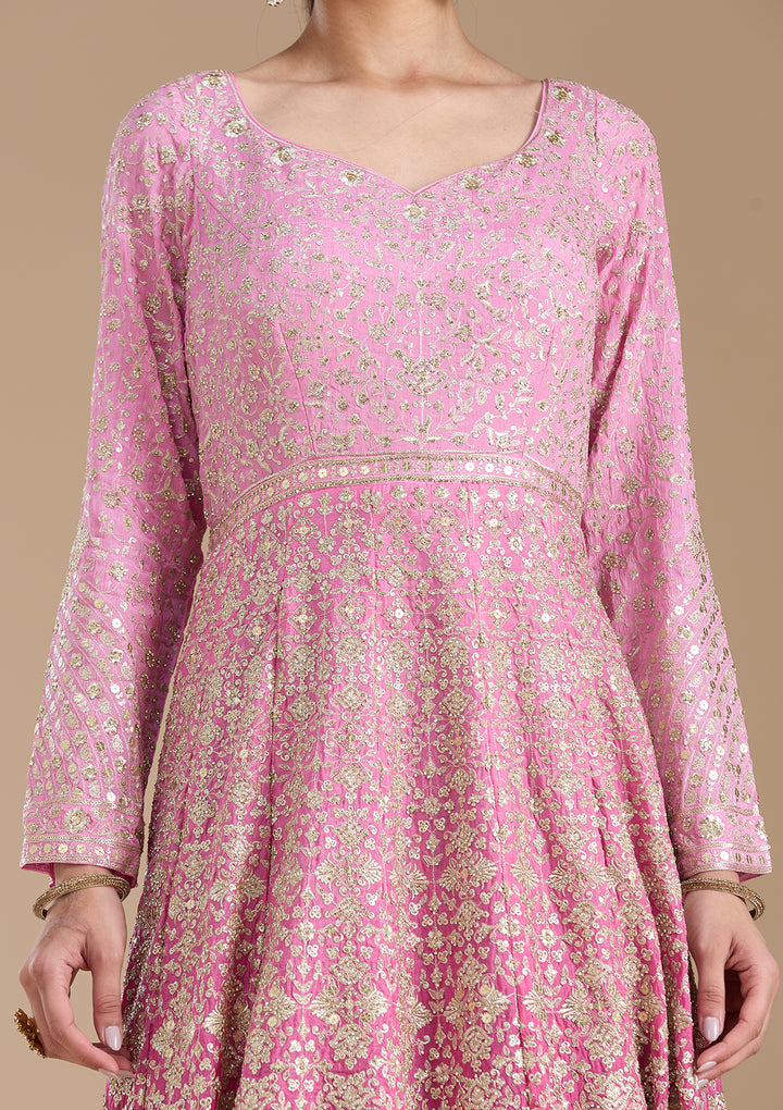 Pink Zariwork (Gold) Crepe Readymade Salwar Suit