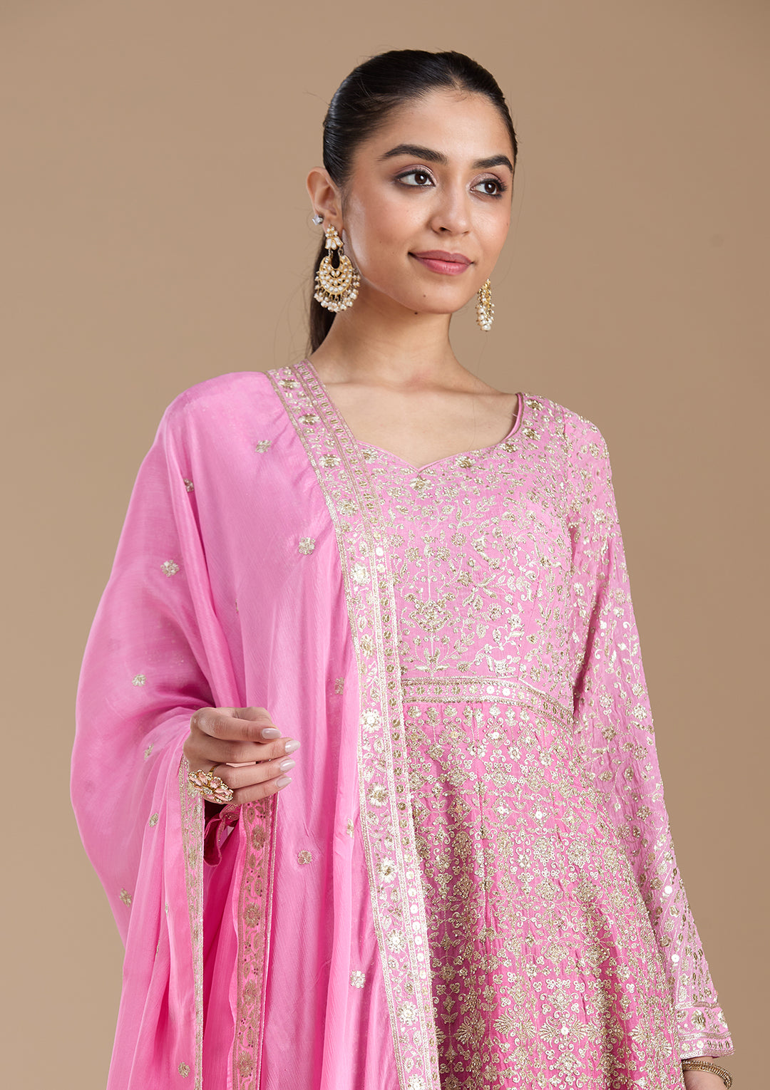 Pink Zariwork (Gold) Crepe Readymade Salwar Suit