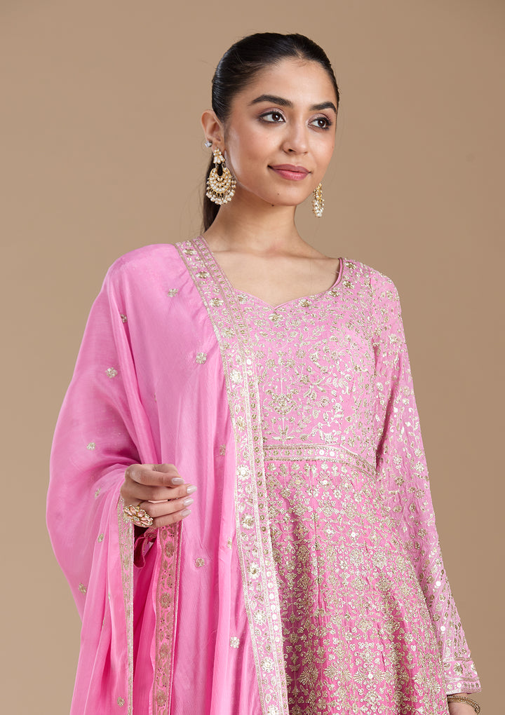 Pink Zariwork (Gold) Crepe Readymade Salwar Suit