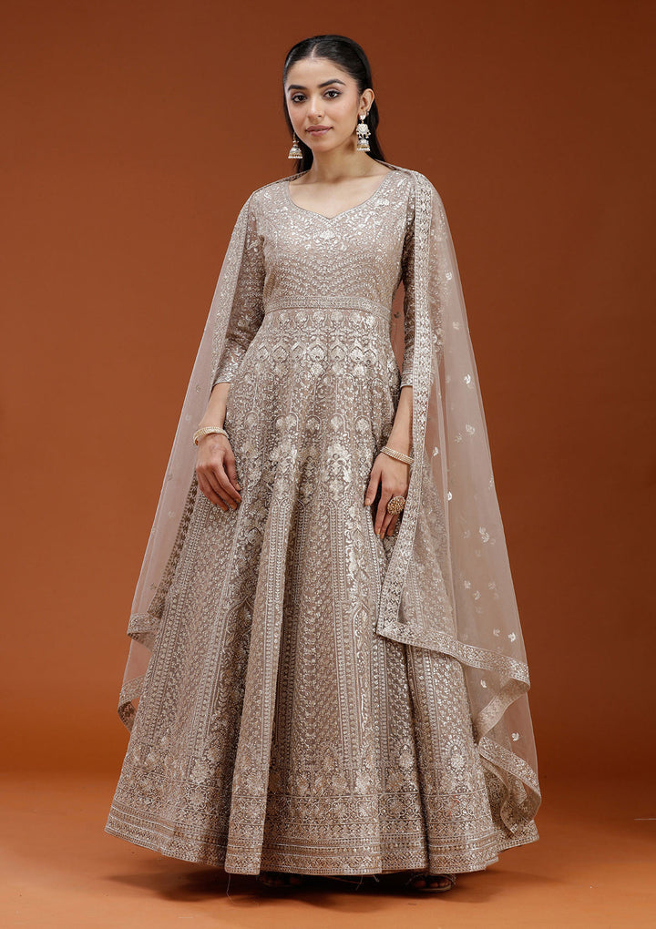 Beige Zardozi (Gold) Net Readymade Salwar Suit