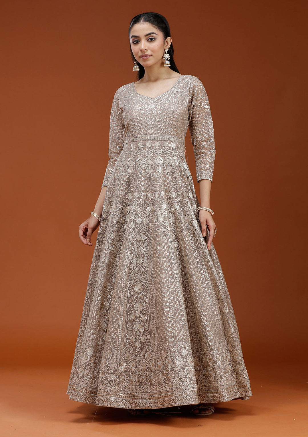 Beige Zardozi (Gold) Net Readymade Salwar Suit