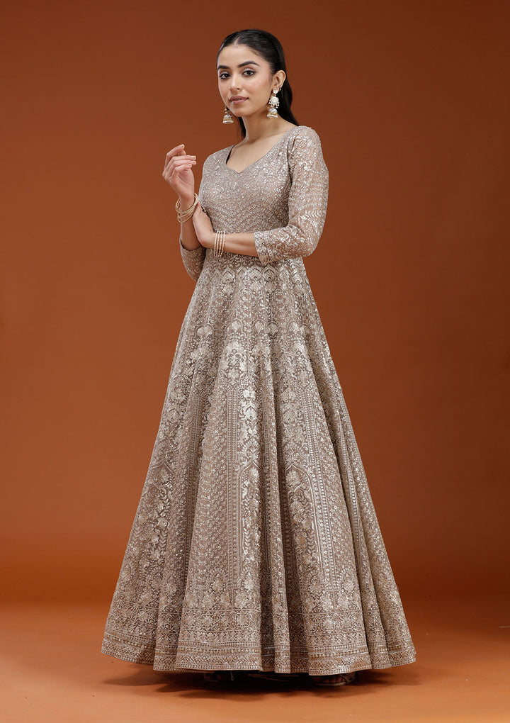 Beige Zardozi (Gold) Net Readymade Salwar Suit