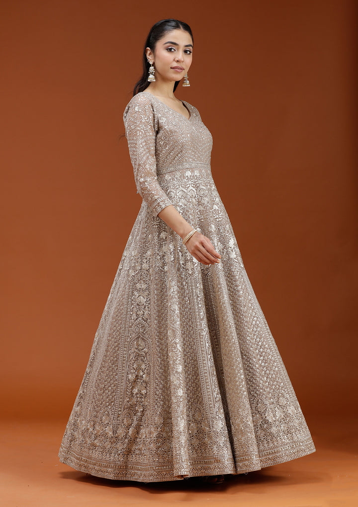 Beige Zardozi (Gold) Net Readymade Salwar Suit