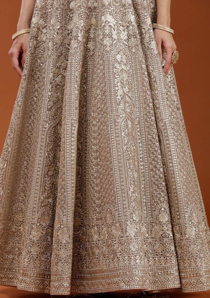 Beige Zardozi (Gold) Net Readymade Salwar Suit