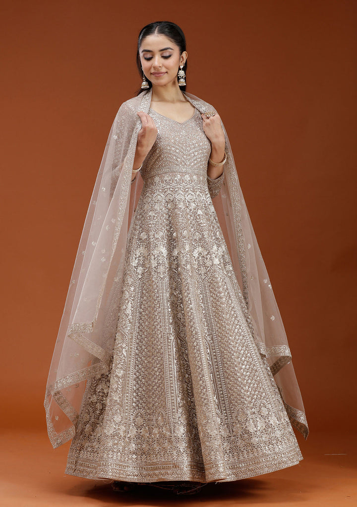 Beige Zardozi (Gold) Net Readymade Salwar Suit