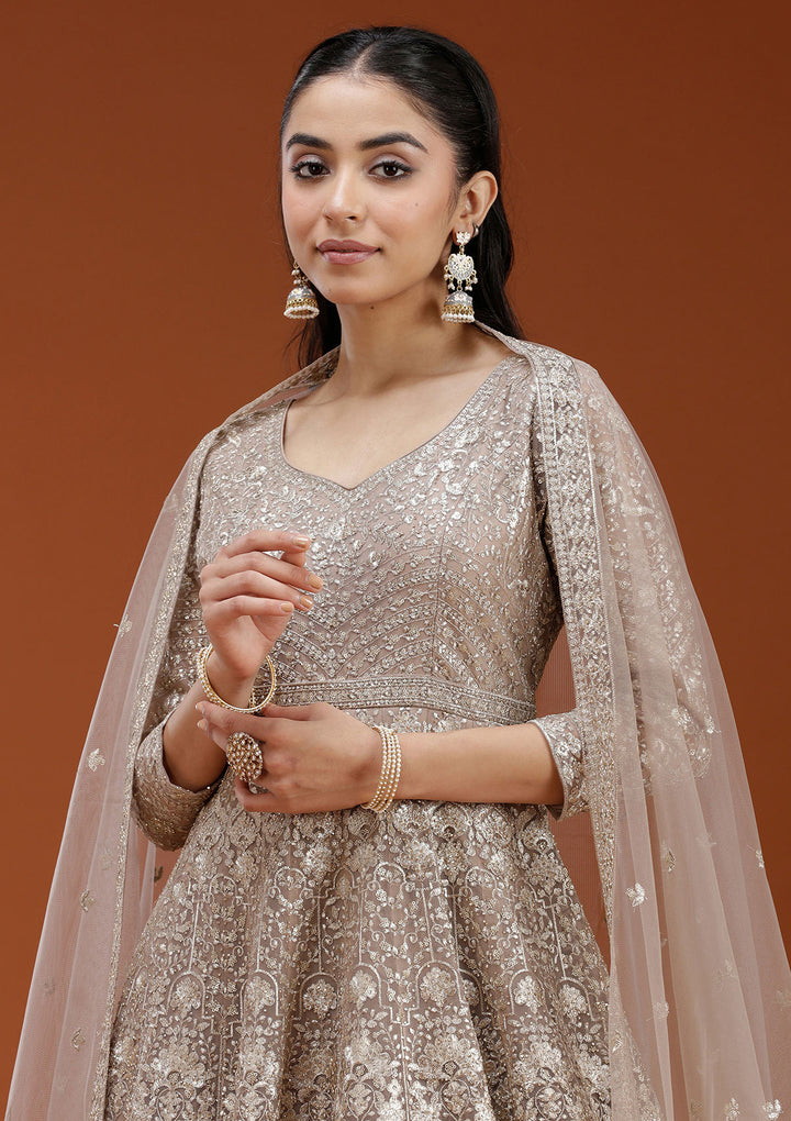 Beige Zardozi (Gold) Net Readymade Salwar Suit