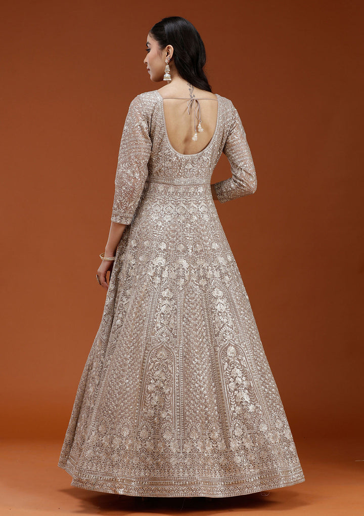 Beige Zardozi (Gold) Net Readymade Salwar Suit