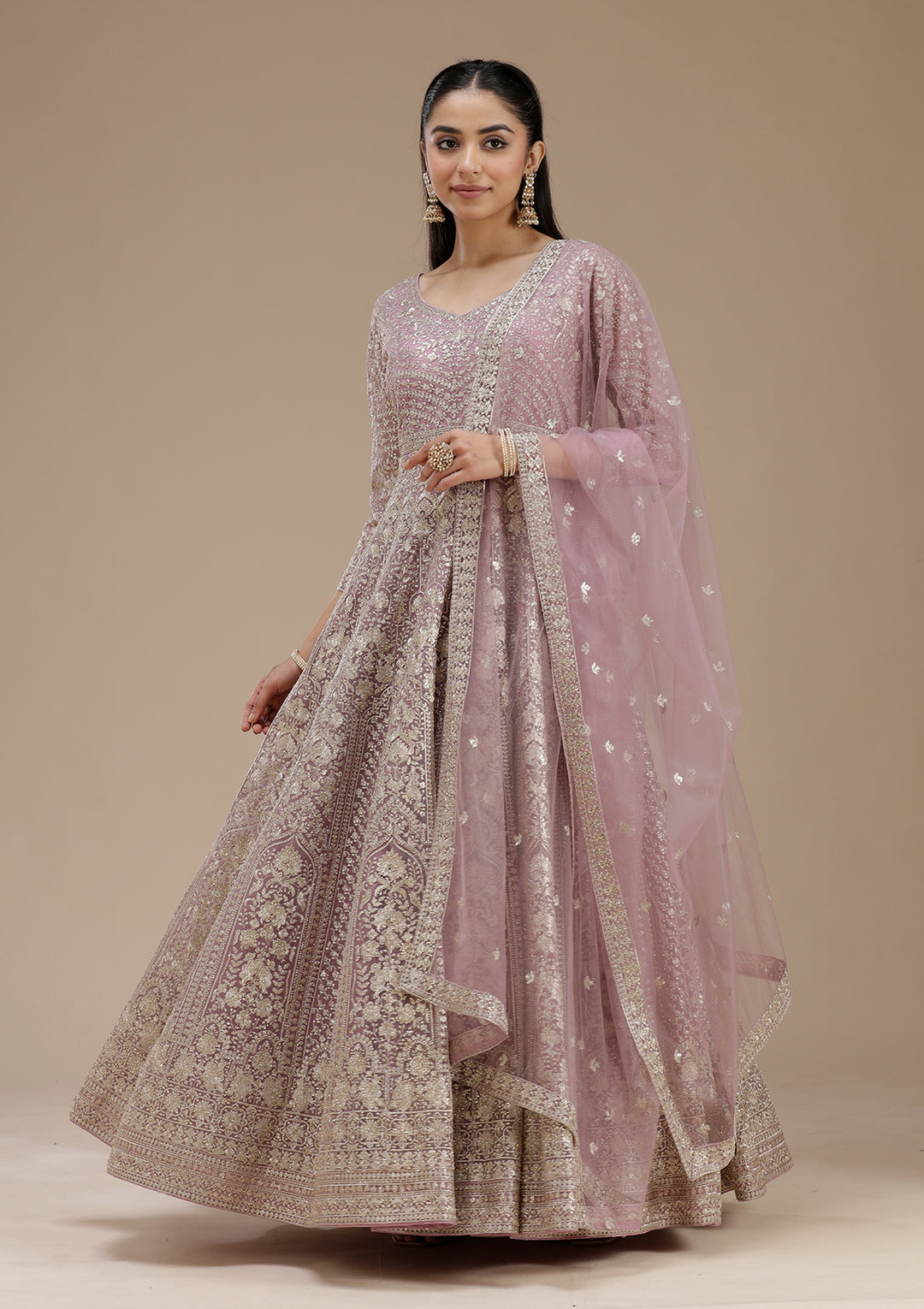 Mauve Zardozi (Gold) Net Readymade Salwar Suit