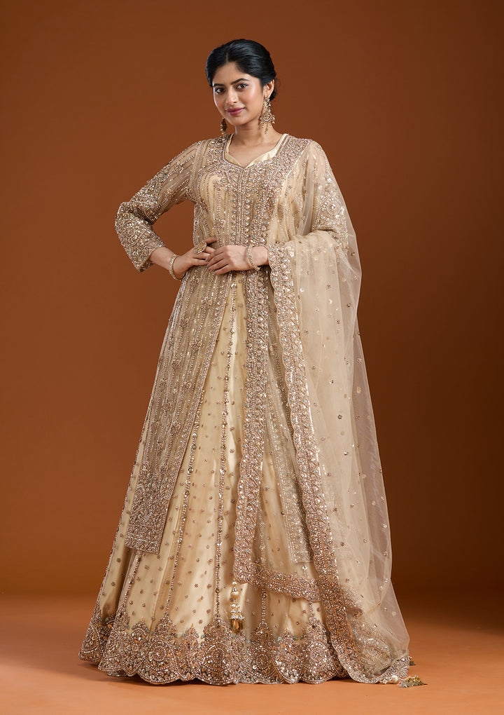 Sequins Beige Net Stitched Lehenga Blouse With Dupatta