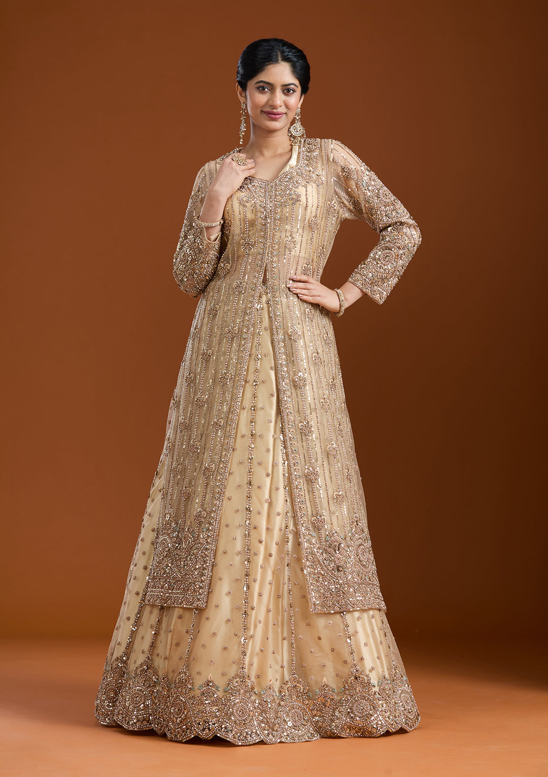 Sequins Beige Net Stitched Lehenga Blouse With Dupatta