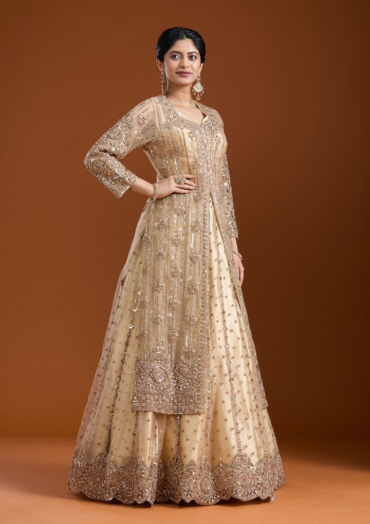 Sequins Beige Net Stitched Lehenga Blouse With Dupatta