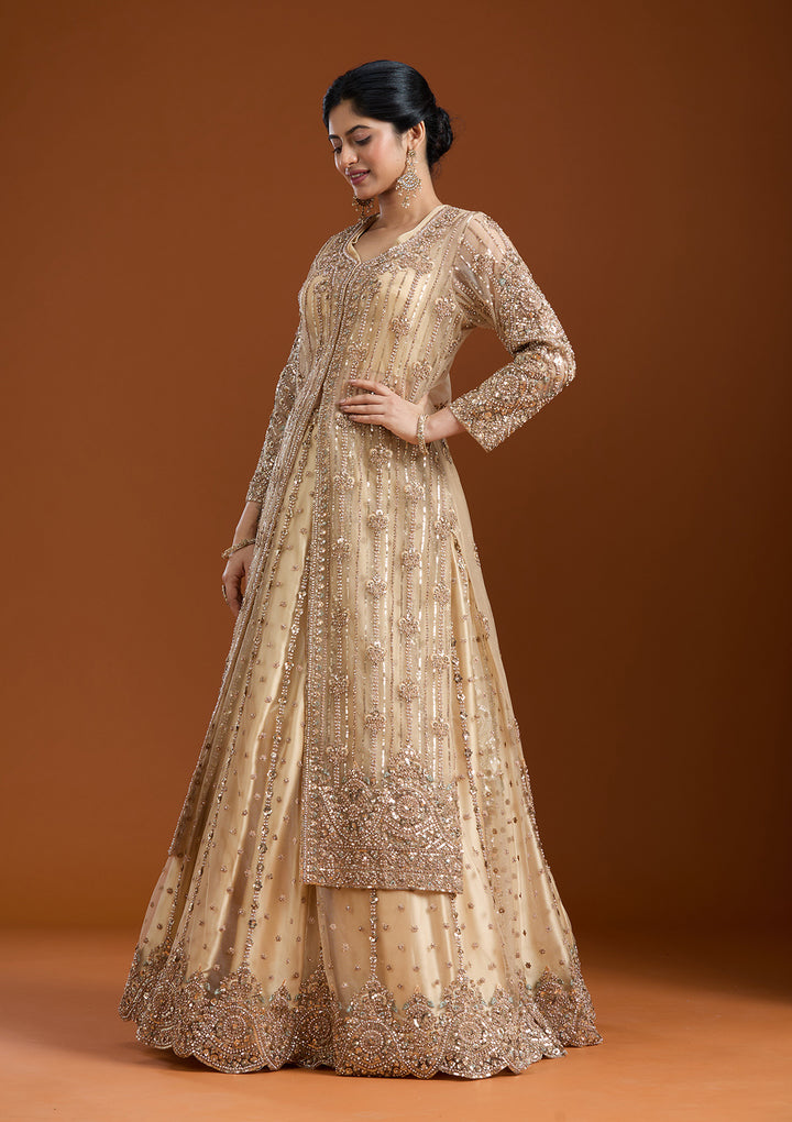 Sequins Beige Net Stitched Lehenga Blouse With Dupatta