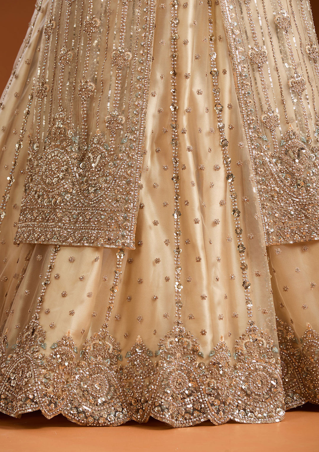 Sequins Beige Net Stitched Lehenga Blouse With Dupatta