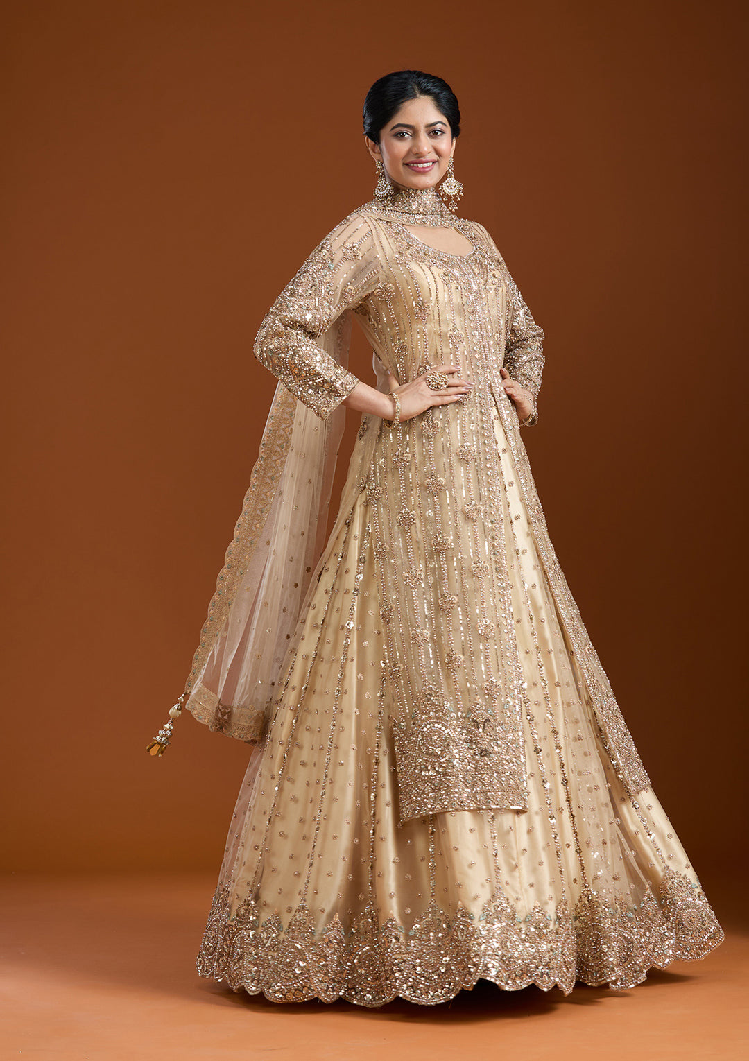 Sequins Beige Net Stitched Lehenga Blouse With Dupatta