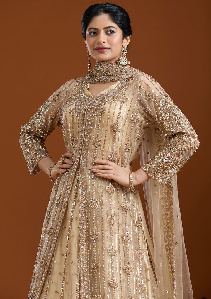 Sequins Beige Net Stitched Lehenga Blouse With Dupatta