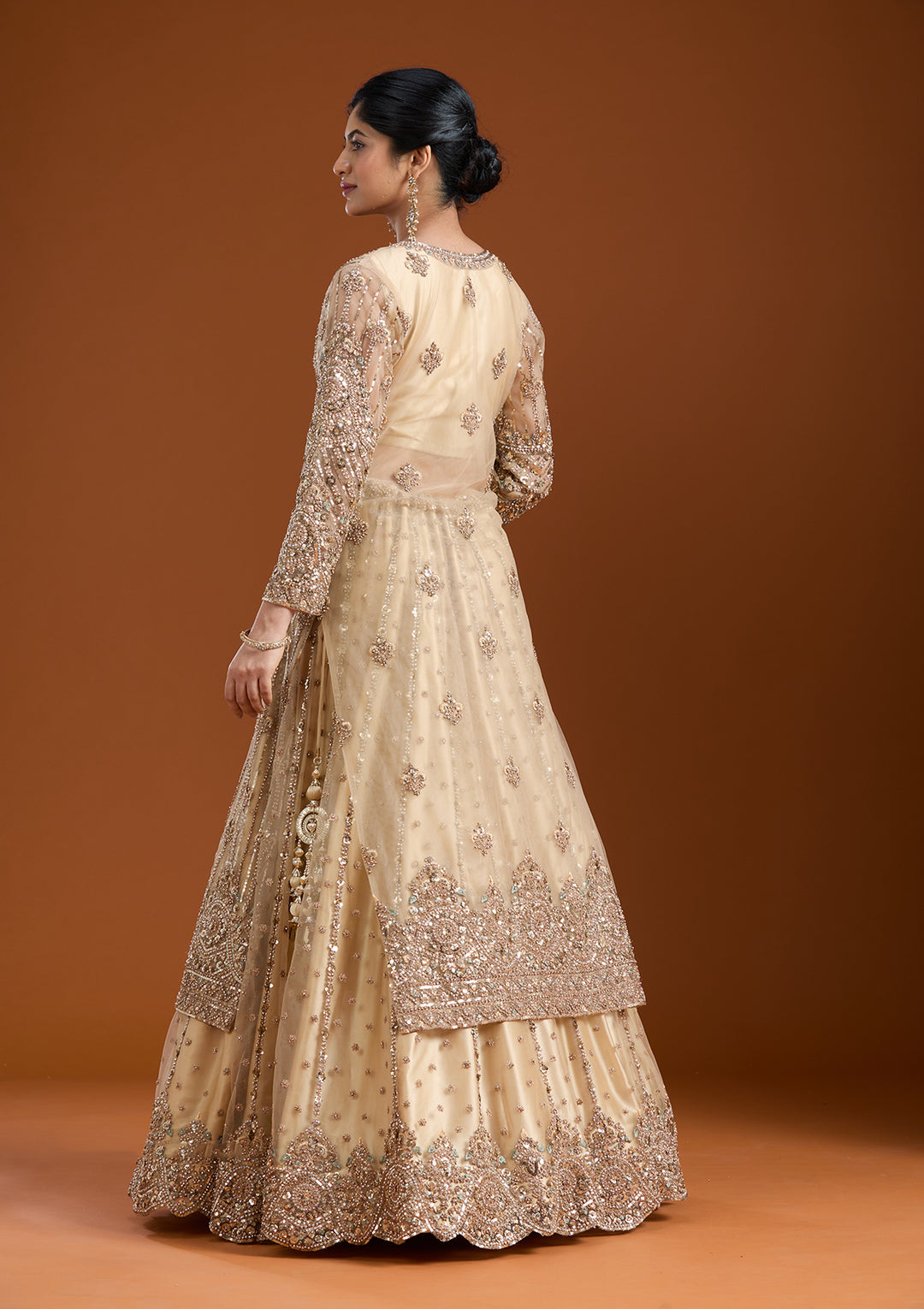 Sequins Beige Net Stitched Lehenga Blouse With Dupatta