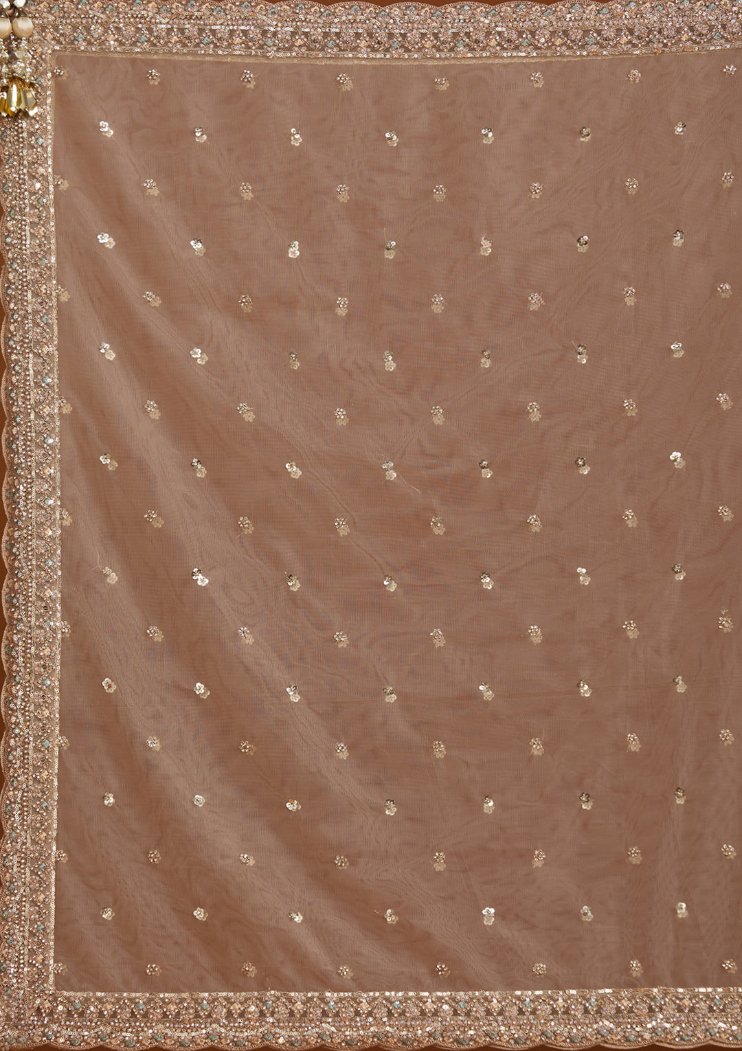 Sequins Beige Net Stitched Lehenga Blouse With Dupatta
