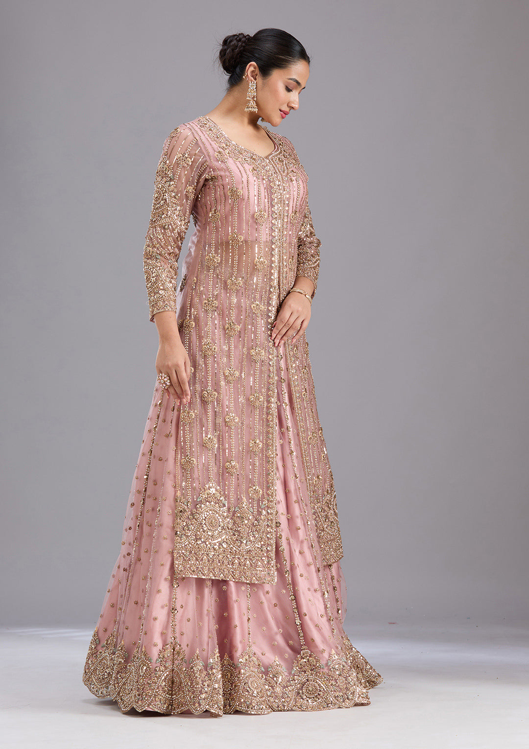 Onion Pink Sequins Net Readymade Salwar Suit