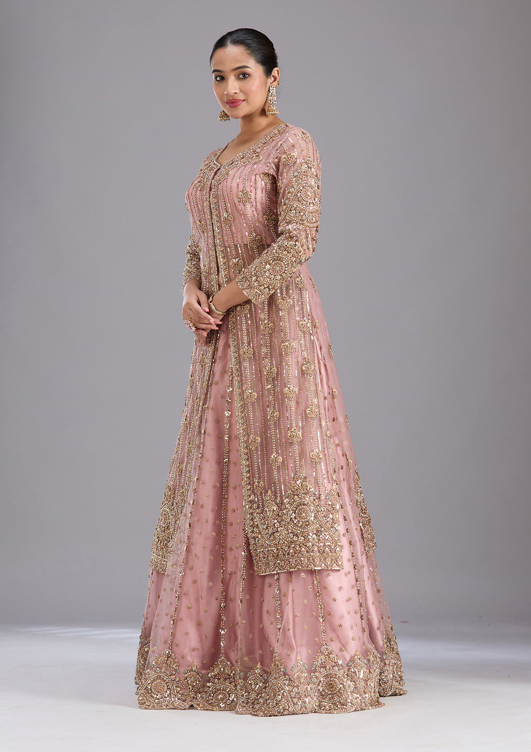 Onion Pink Sequins Net Readymade Salwar Suit