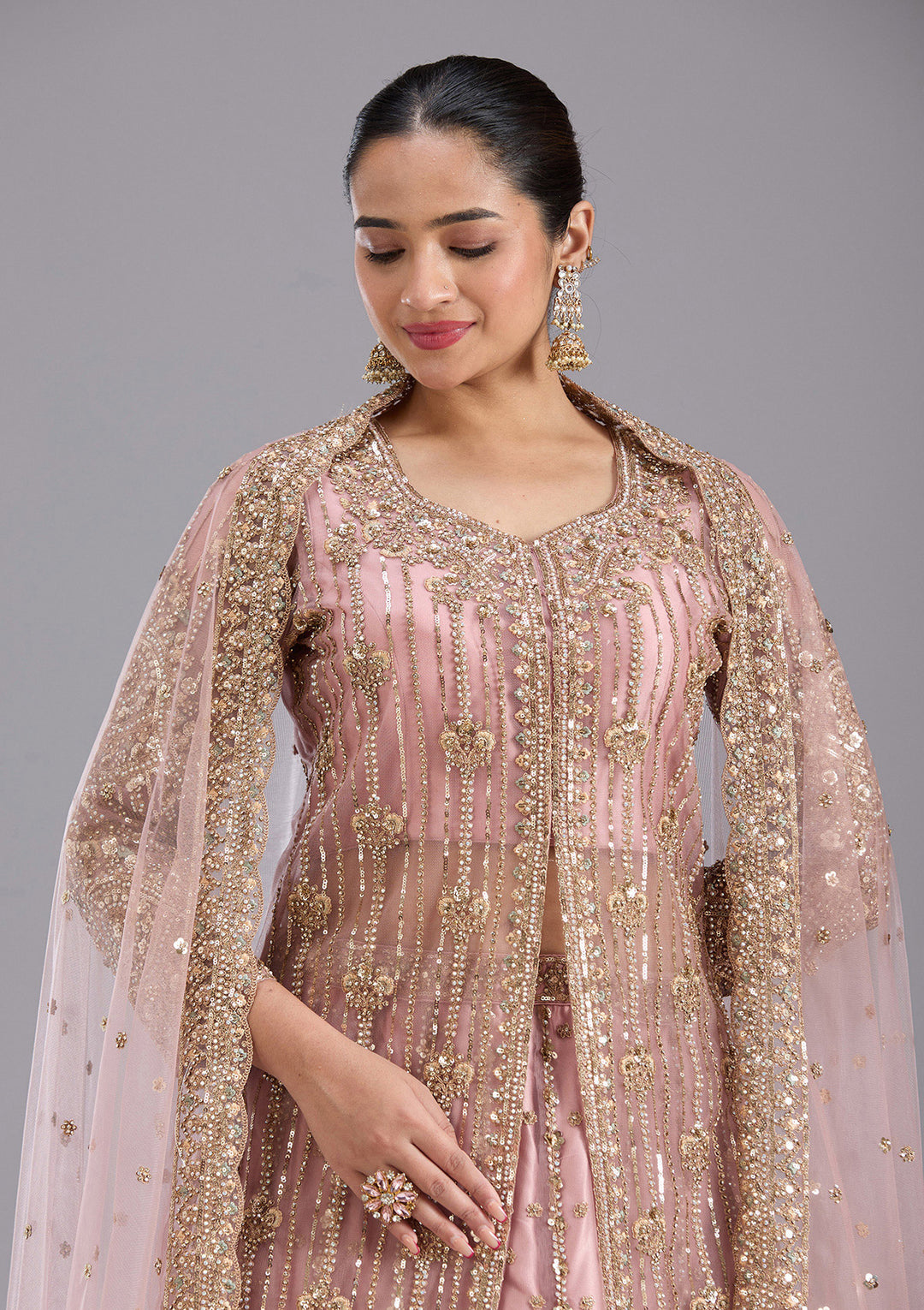 Onion Pink Sequins Net Readymade Salwar Suit
