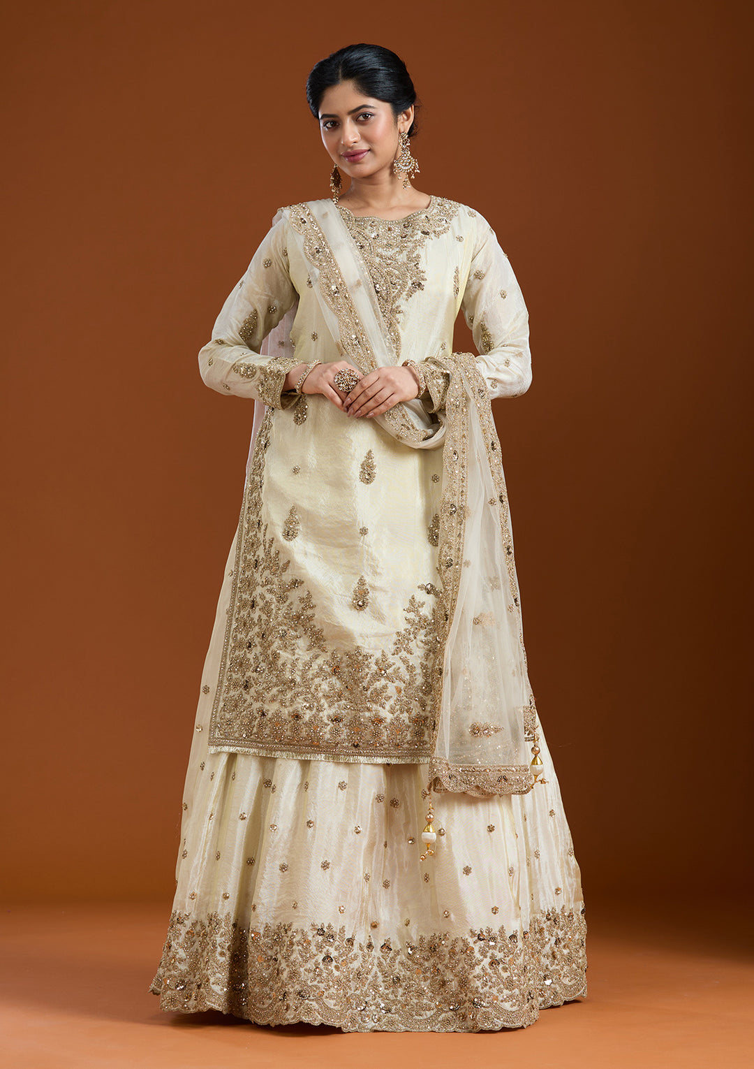 Off White Raw Silk Gold Zariwork Straight Kurta With Palazzo And Dupatta