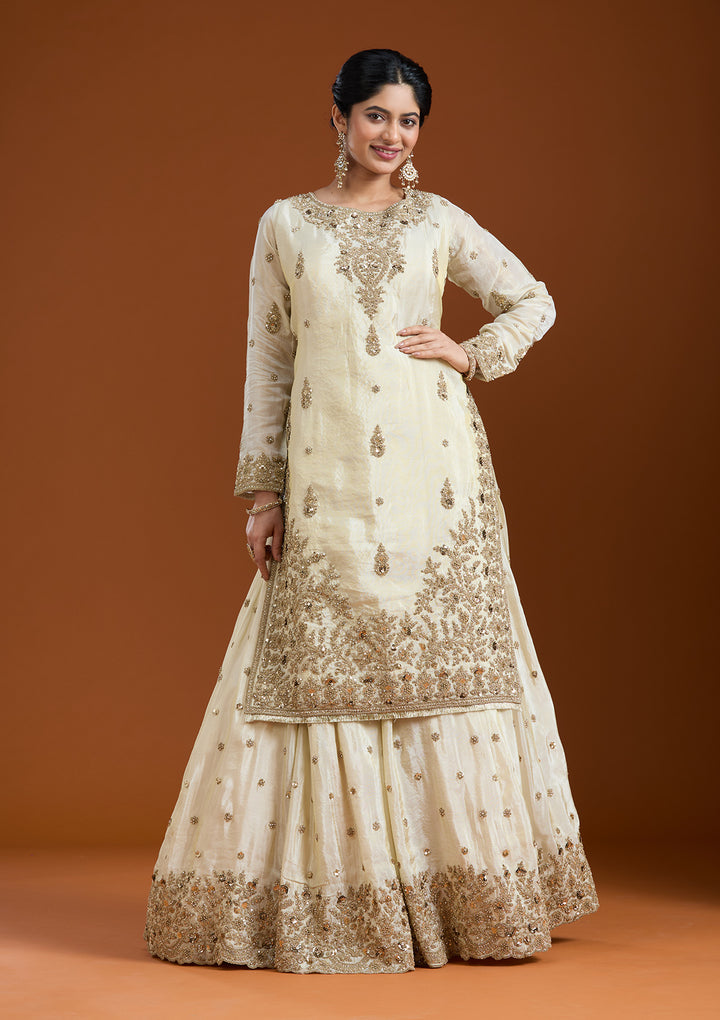Off White Raw Silk Gold Zariwork Straight Kurta With Palazzo And Dupatta