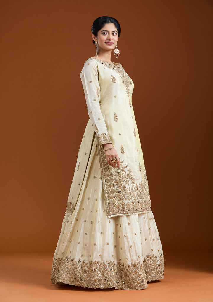 Off White Raw Silk Gold Zariwork Straight Kurta With Palazzo And Dupatta