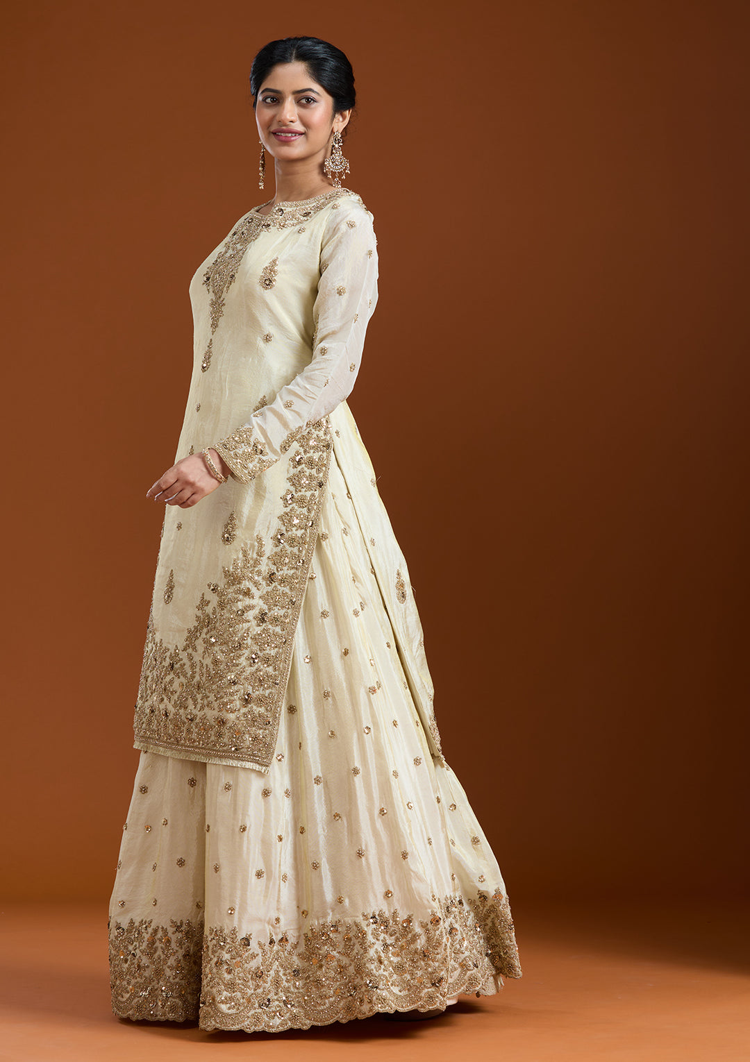 Off White Raw Silk Gold Zariwork Straight Kurta With Palazzo And Dupatta