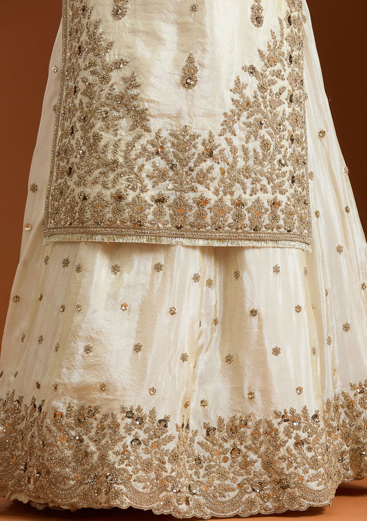 Off White Raw Silk Gold Zariwork Straight Kurta With Palazzo And Dupatta
