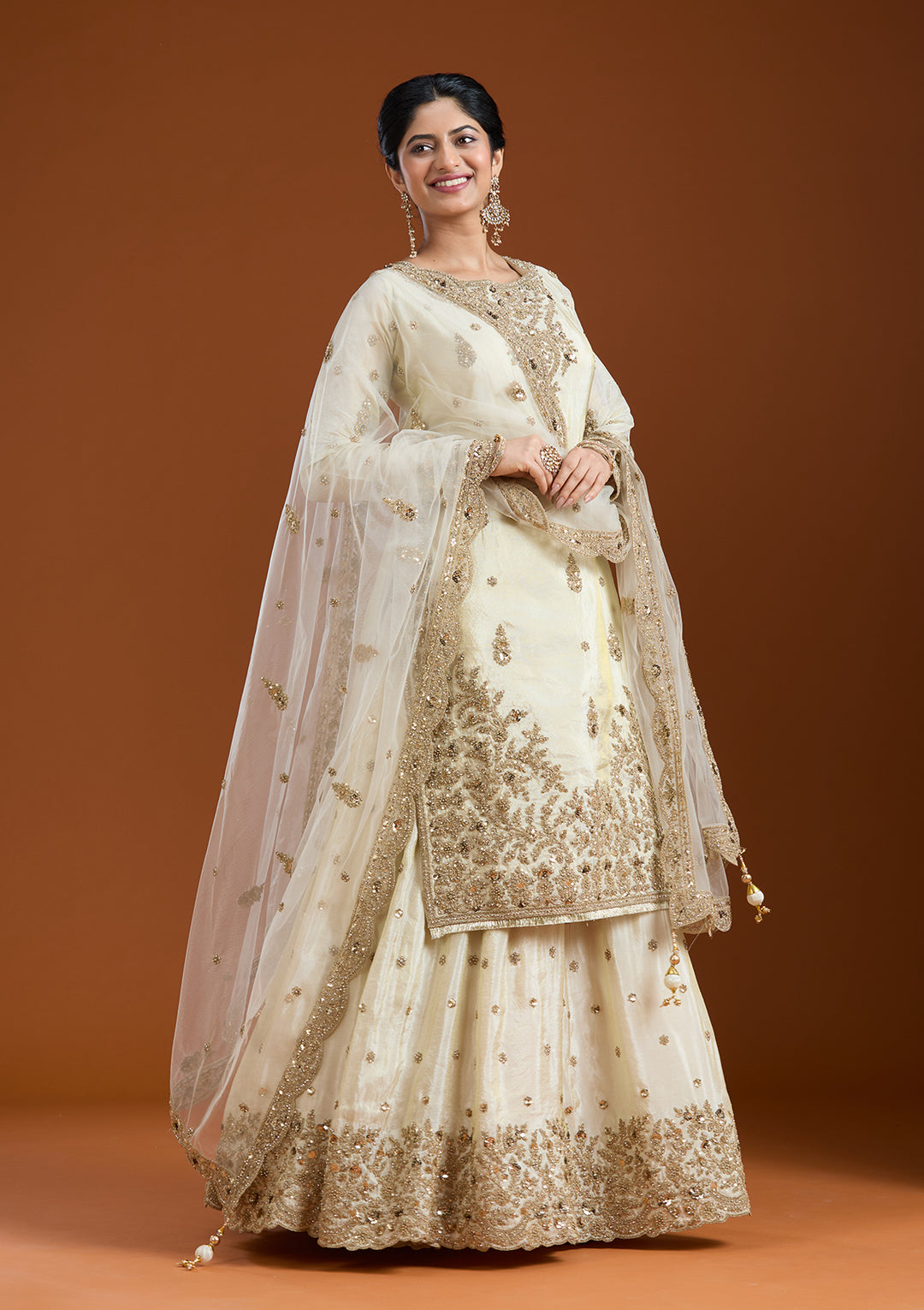 Off White Raw Silk Gold Zariwork Straight Kurta With Palazzo And Dupatta