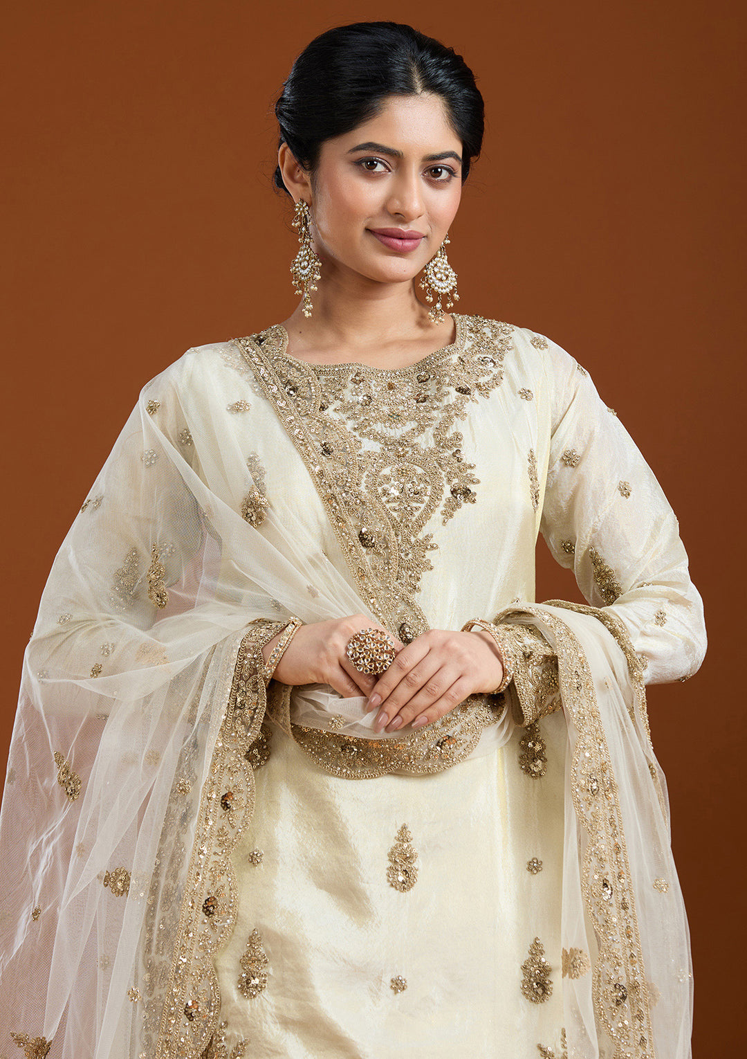 Off White Raw Silk Gold Zariwork Straight Kurta With Palazzo And Dupatta